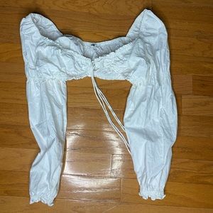 White flounce Ruched Sleeve Tie Front Crop Top